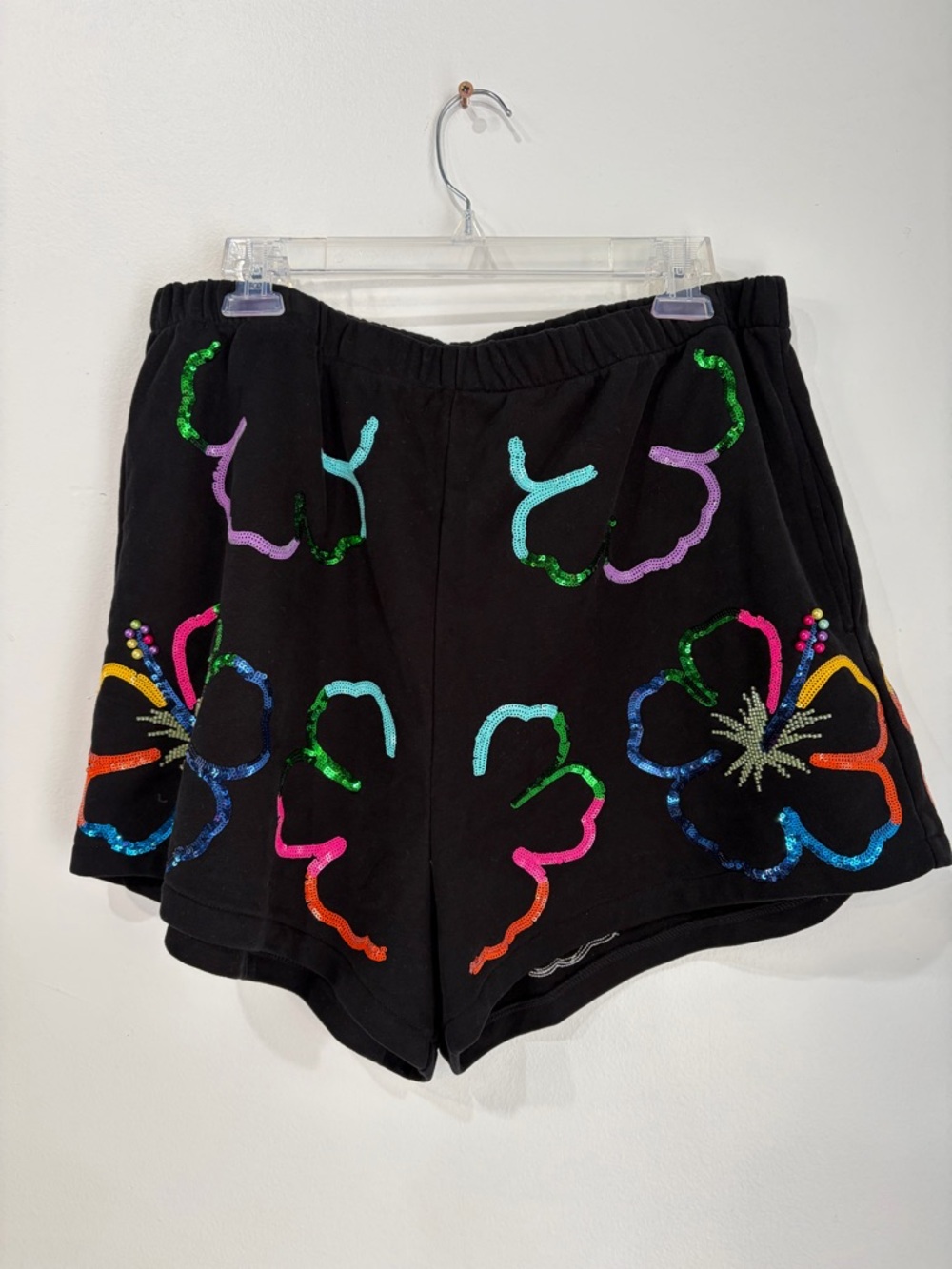 QUEEN OF SPARKLES Black Floral Sequin Athletic Shorts